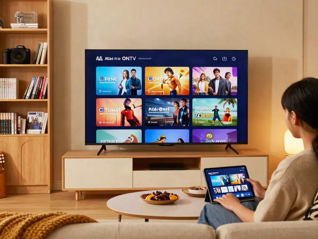 Transcription de l'application Atlas Pro ONTV sur un écran dans un salon accueillant.