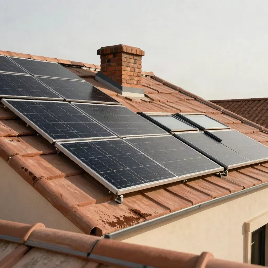Toiture avec panneaux solaires posés autour d’une cheminée et d’un velux, lumière douce après la pluie.