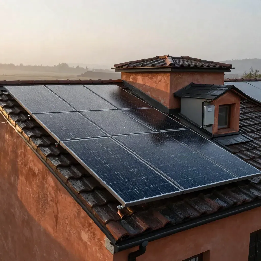Toiture en tuiles terracotta avec panneaux solaires noirs, batterie et brume après la pluie.