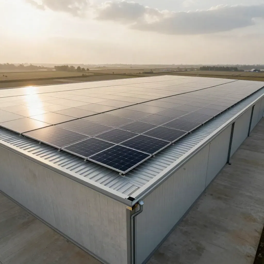 Grand hangar à Agen couvert de panneaux solaires, vue aérienne lumineuse et complète.