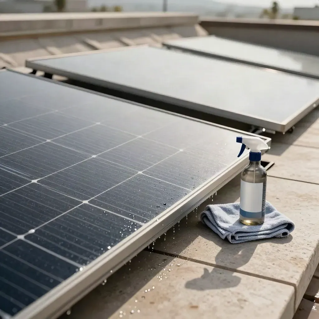 Bord d’un panneau solaire rincé sur une terrasse en pierre, chiffon microfibre et spray d’entretien.