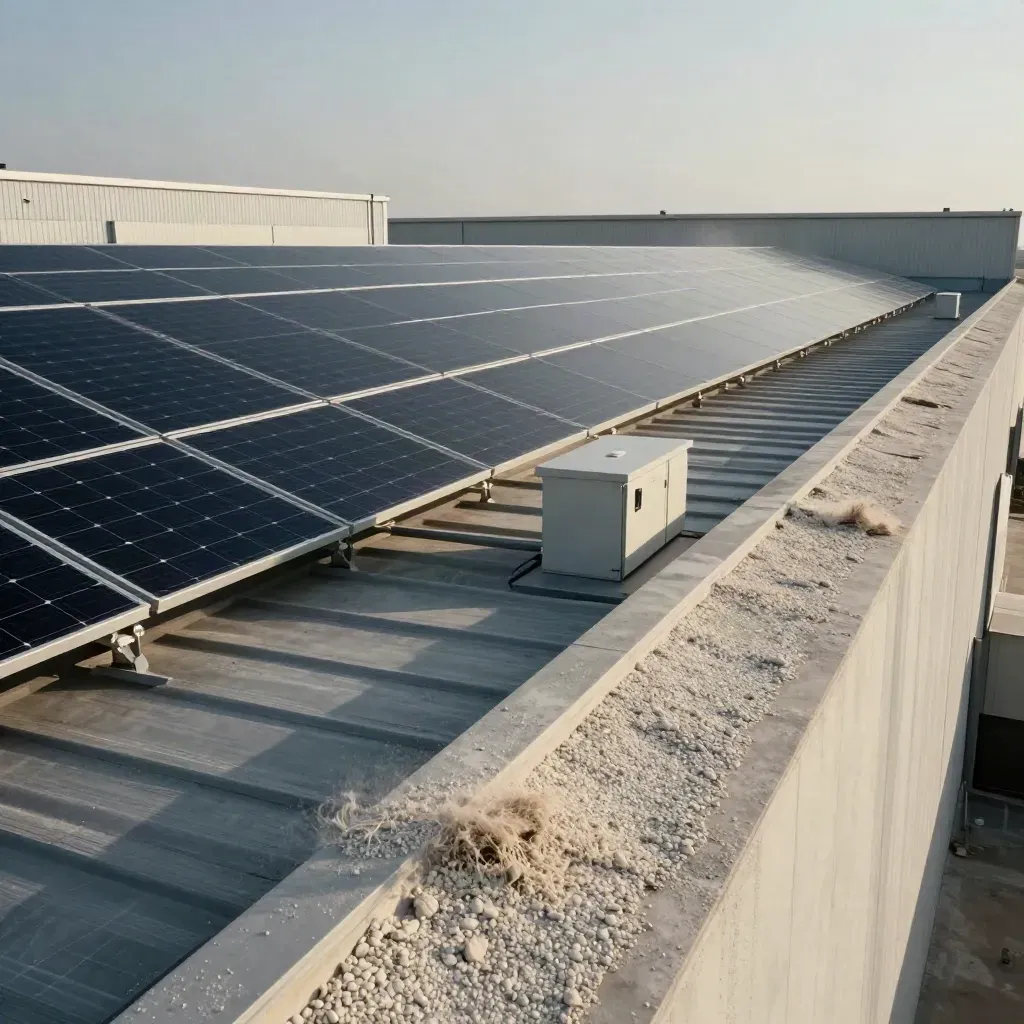 Toit industriel à Nîmes avec panneaux solaires et batterie sous un ciel de mistral.
