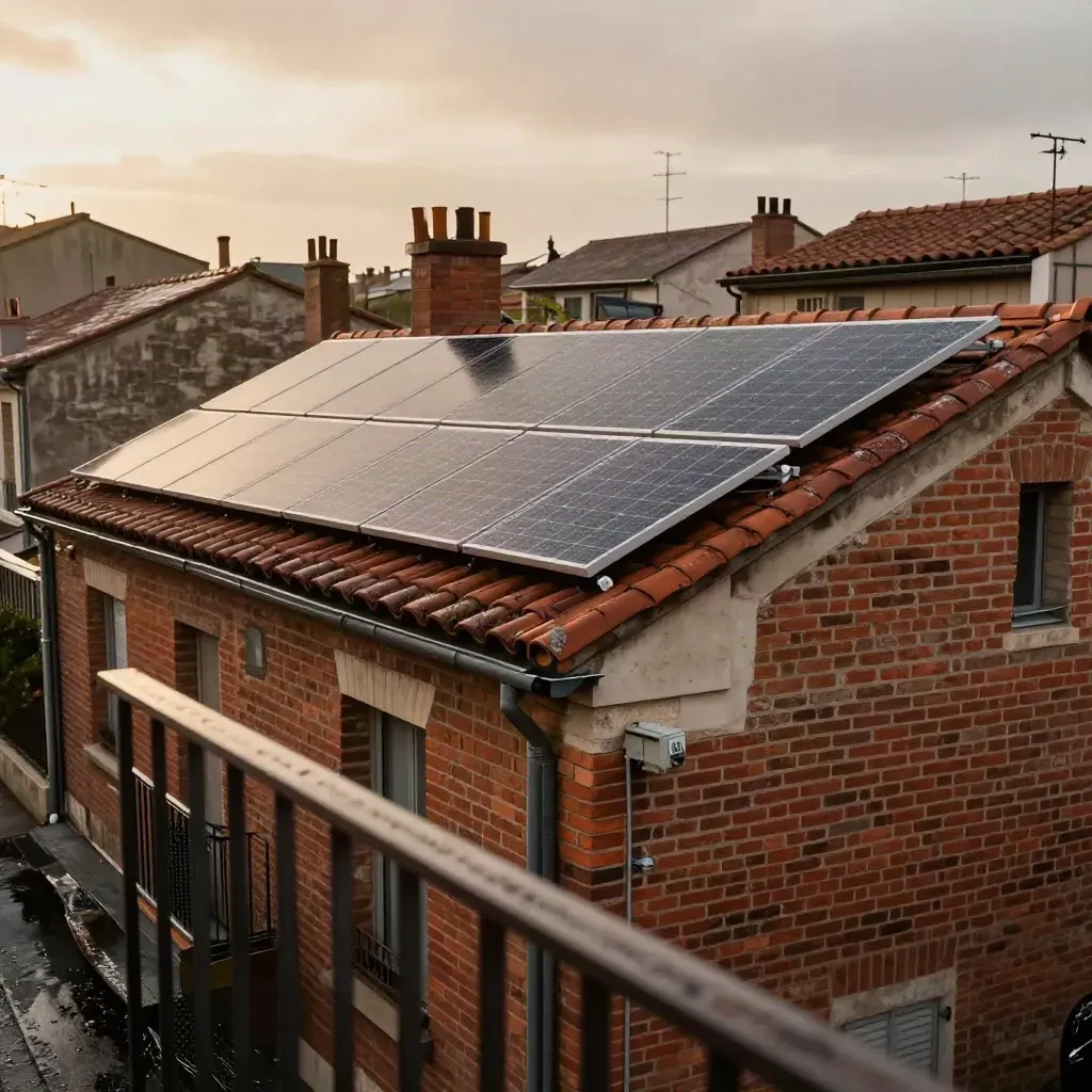 Toiture en tuiles de Toulouse avec panneaux solaires finis et onduleur sous l’avant-toit.