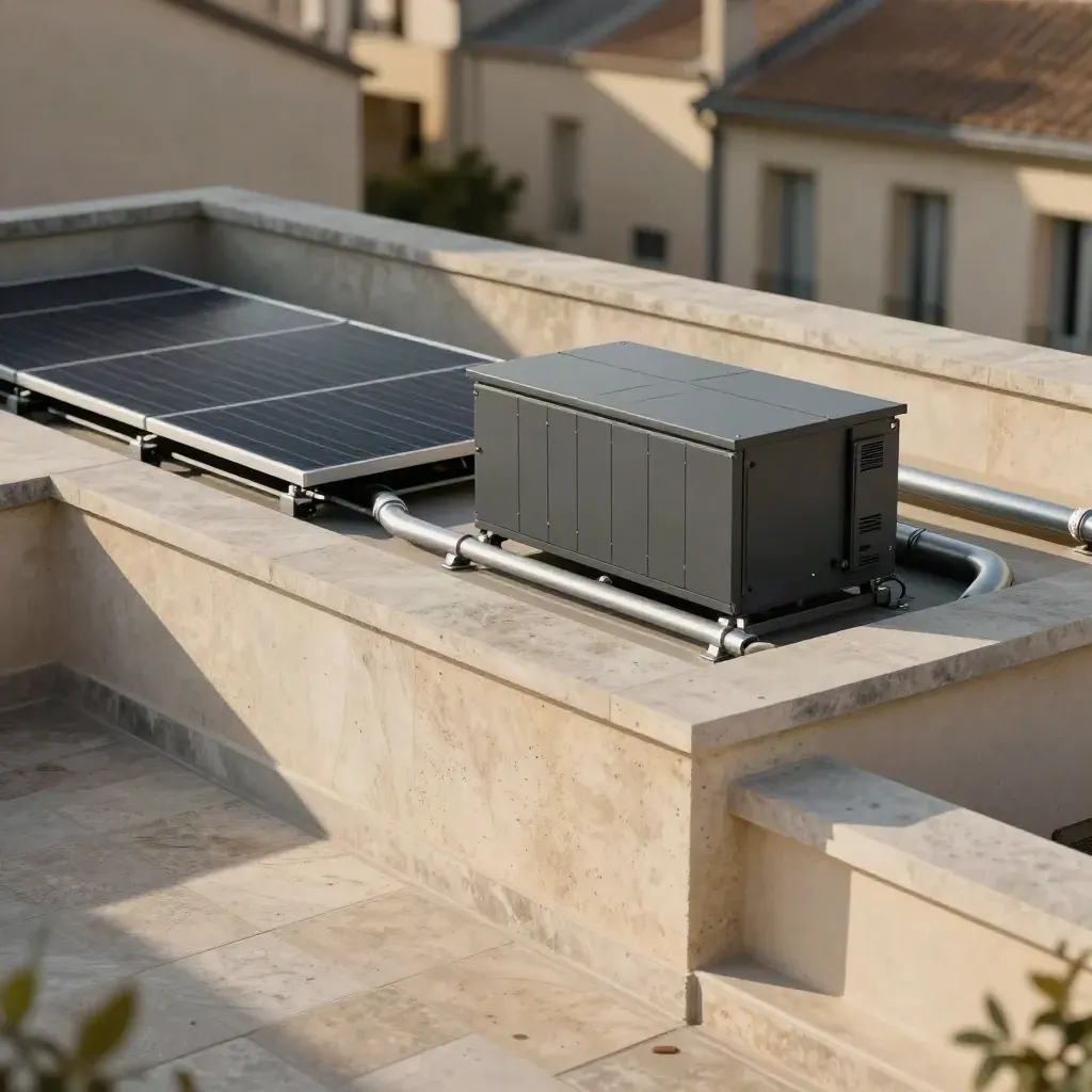 Installation solaire discrète derrière un parapet en pierre au-dessus d’une boutique à Montpellier.