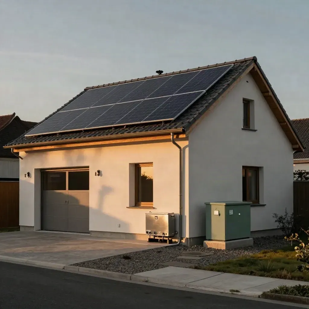 Maison neuve à Albi avec panneaux solaires sur le toit et onduleur impeccable dans le garage.