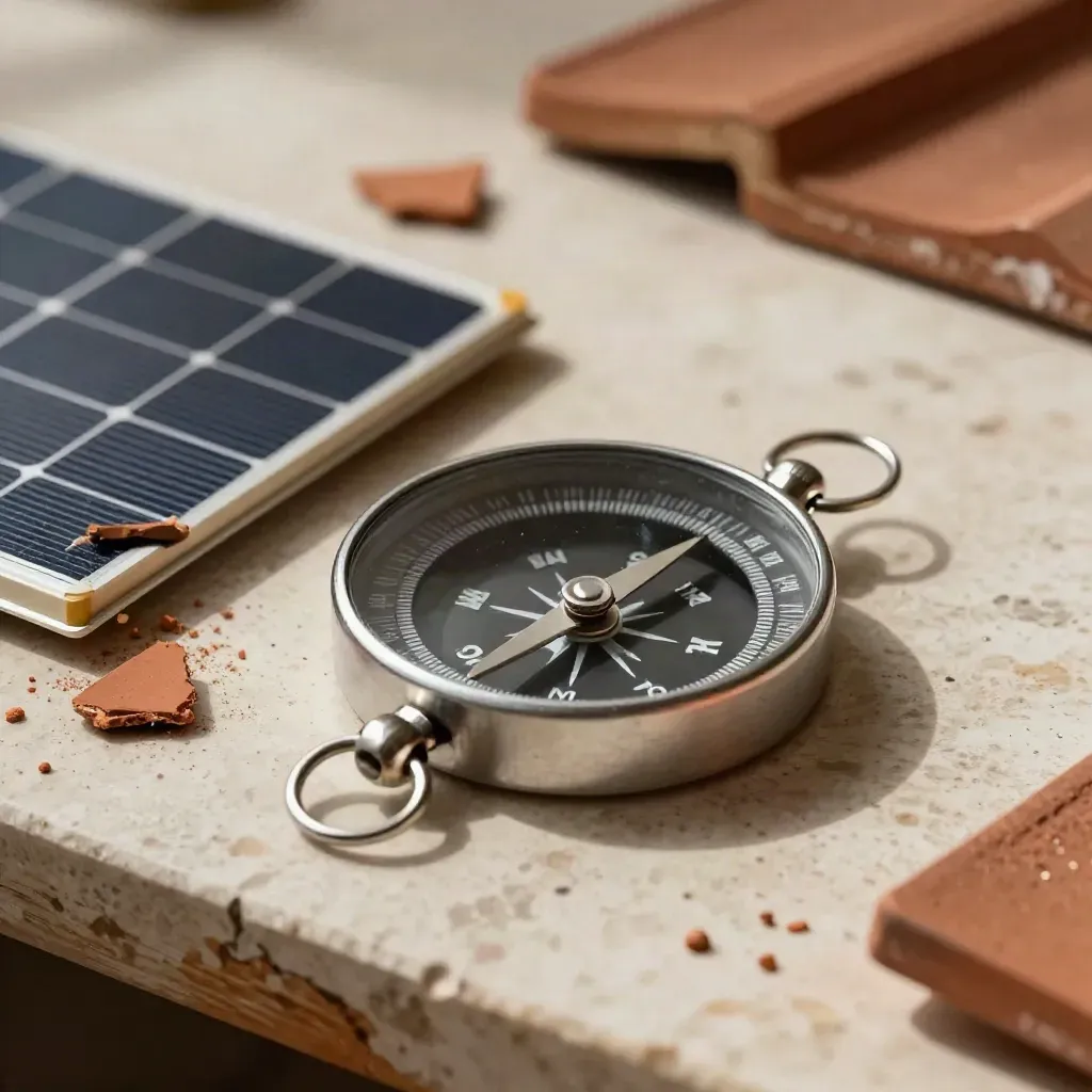 Compas de toiture, coin de panneau solaire et éclats de tuile sur un établi