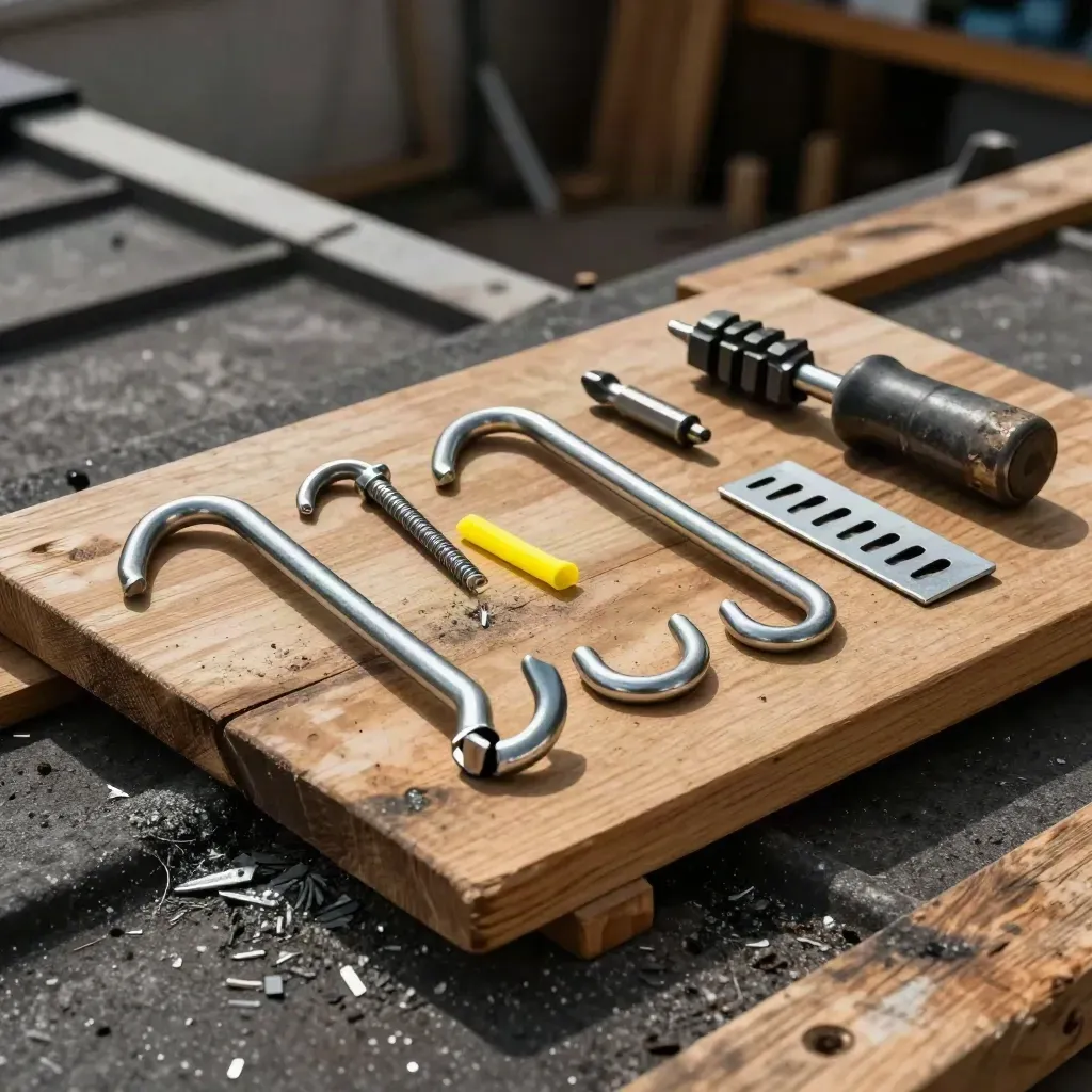 Quincaillerie de toiture alignée sur une planche usée, lumière dramatique