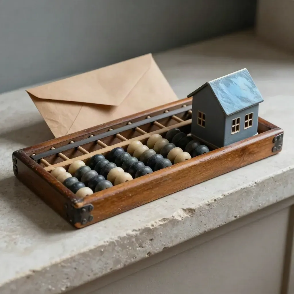 Abacus, enveloppe scellée et maquette de maison sur une corniche en pierre claire.
