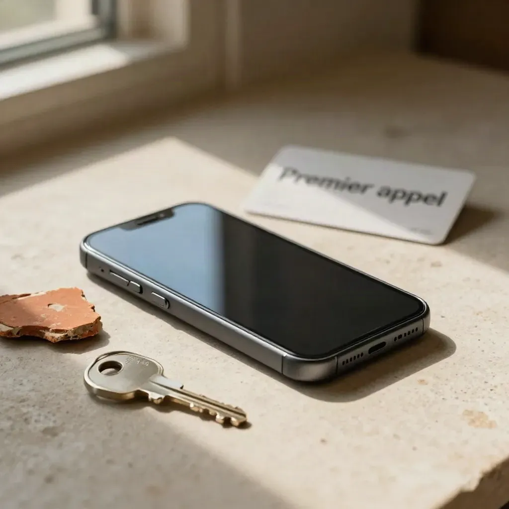 Téléphone sur haut-parleur près d’un tesson de tuile et d’une clé sur pierre pâle.