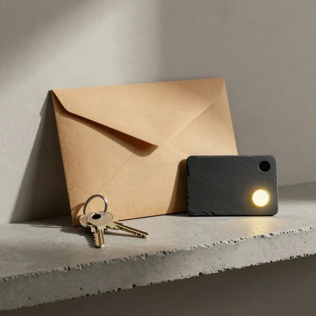 Enveloppe de garantie, porte-clés et voyant batterie sur étagère en béton, lumière douce.