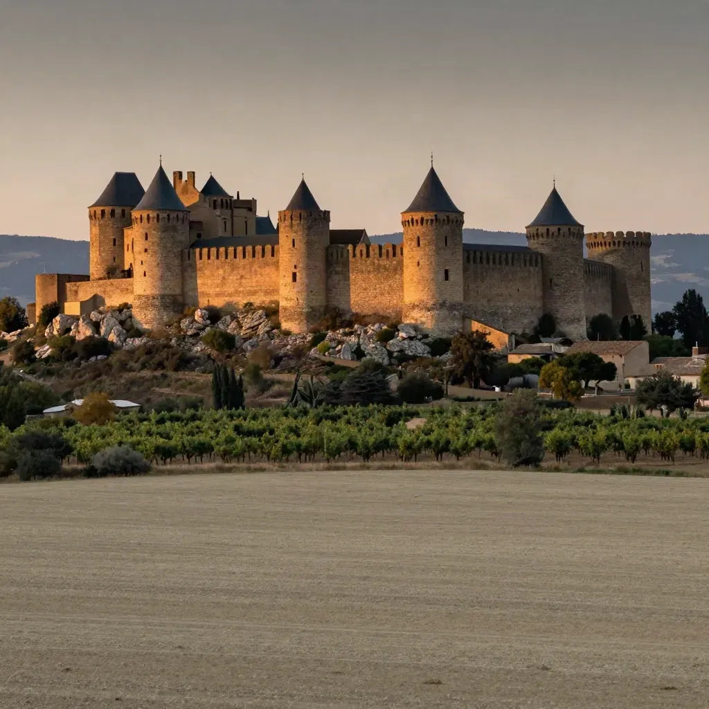 Citadelle de Carcassonne au soleil couchant sur des vignes brumeuses d’Occitanie