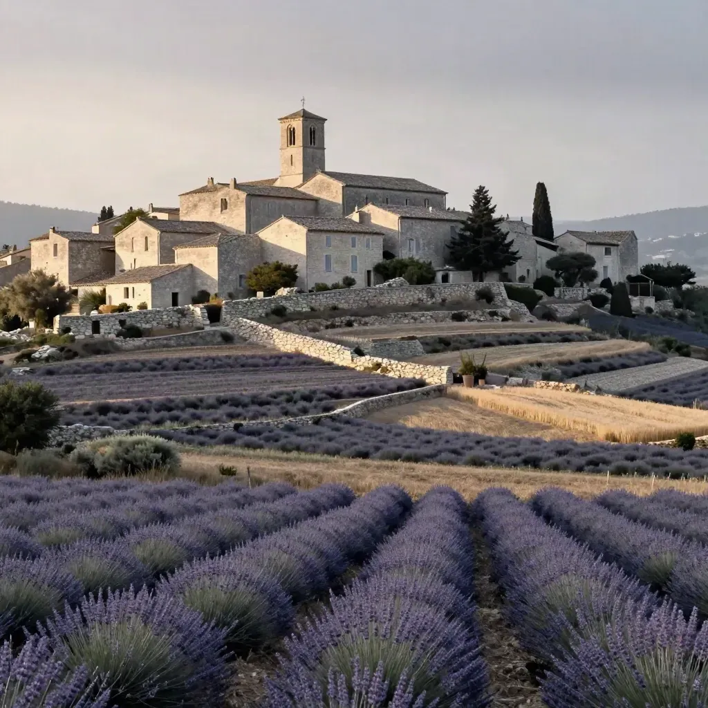 Village perché du Luberon, terrasses de pierre sèche et lavande dans la brume dorée.
