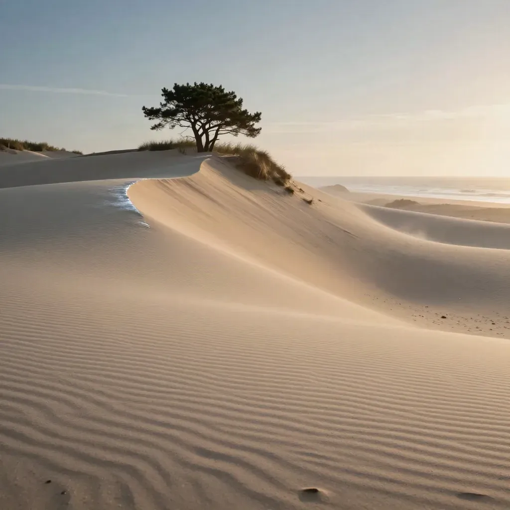 La dune du Pilat au coucher du soleil, pins maritimes et mer brumeuse en fond
