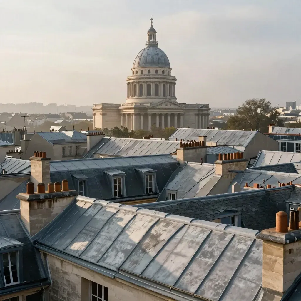 Toits de zinc parisiens, dôme du Panthéon et canopée d’arbres dans la brume matinale.